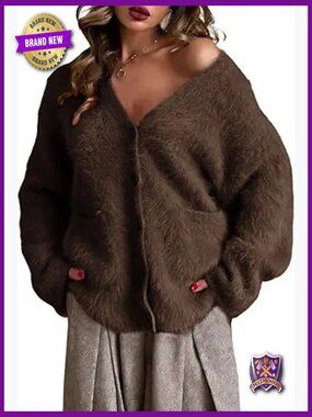 Fuzzy V-Neck Cardigan Sweater with Pockets Long Sleeve Button Down